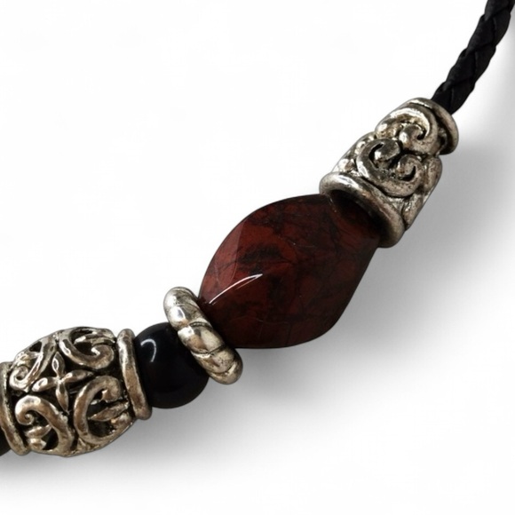 Vintage Red Jasper Necklace – Artisan Silver Accents on Braided Cord - Picture 7 of 13